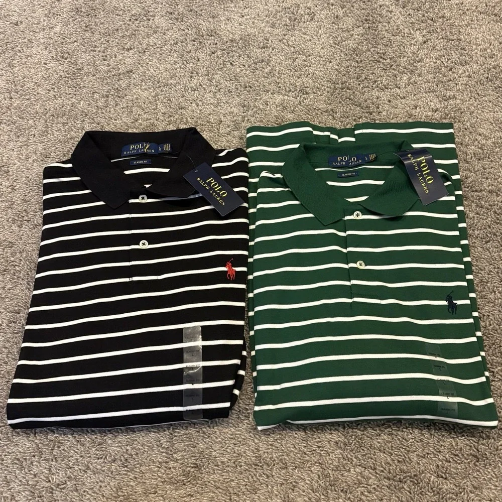 LOT OF 2 NEW Polo Ralph Lauren Men's L Classic Fit Stripe Polo Shirt Black Green